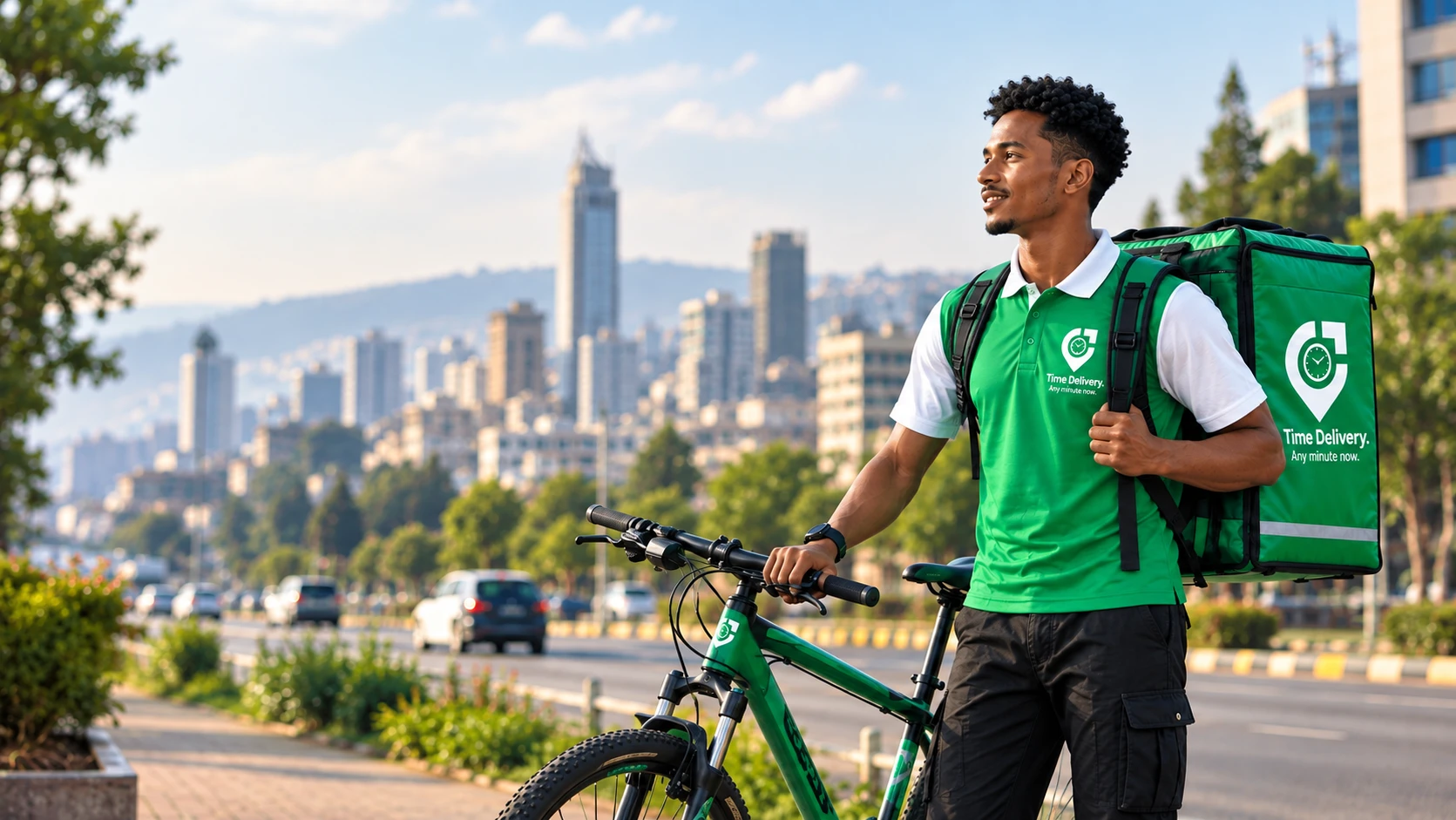 A Time Delivery rider in the green-and-white polo with his bike and insulated box, Addis Ababa skyline behind